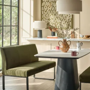 Loop olive green velvet 3 seater black metal dining bench with backrest
