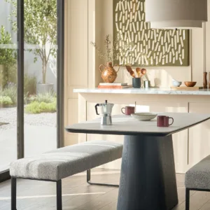 Loop grey fabric 3 seater black metal dining bench without backrest