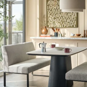 Loop grey fabric 3 seater black metal dining bench with backrest