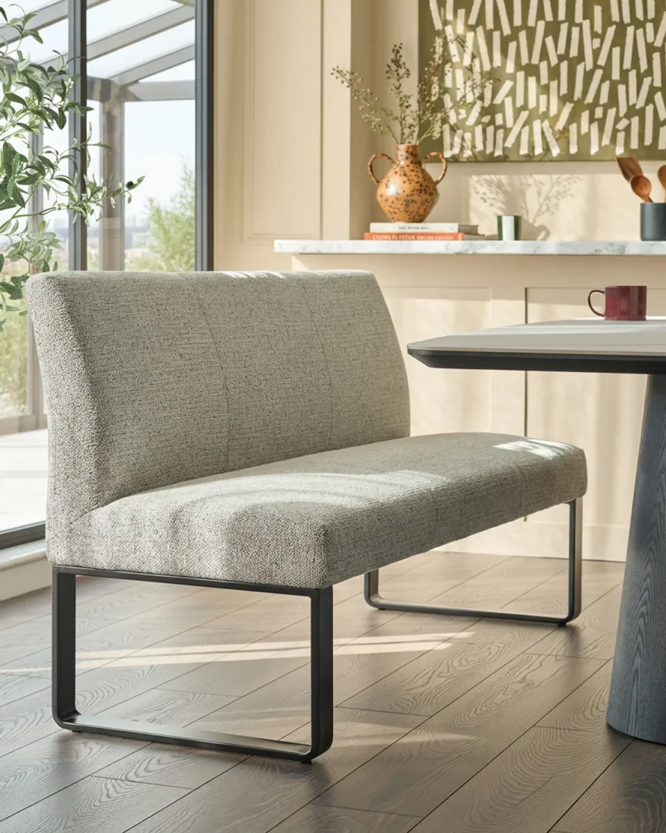 Loop grey fabric 3 seater black metal dining bench with backrest - Image 2
