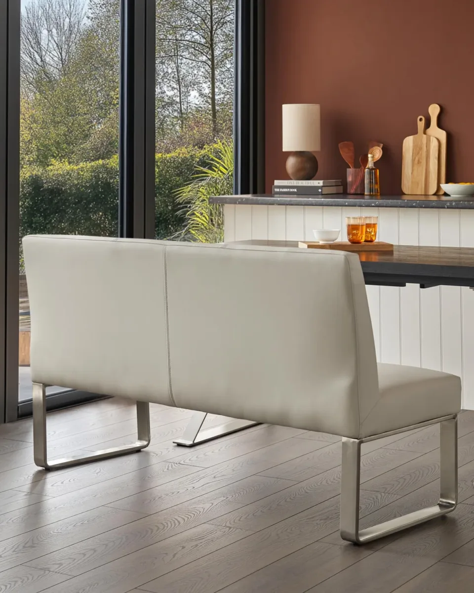 Loop 3 Seater Light Grey Faux Leather & Stainless Steel Dining Bench With Backrest - Image 2