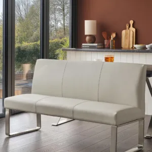 Loop 3 Seater Light Grey Faux Leather & Stainless Steel Dining Bench With Backrest