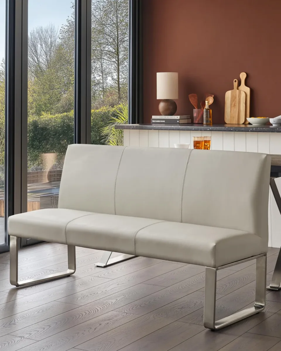 Loop 3 Seater Light Grey Faux Leather & Stainless Steel Dining Bench With Backrest