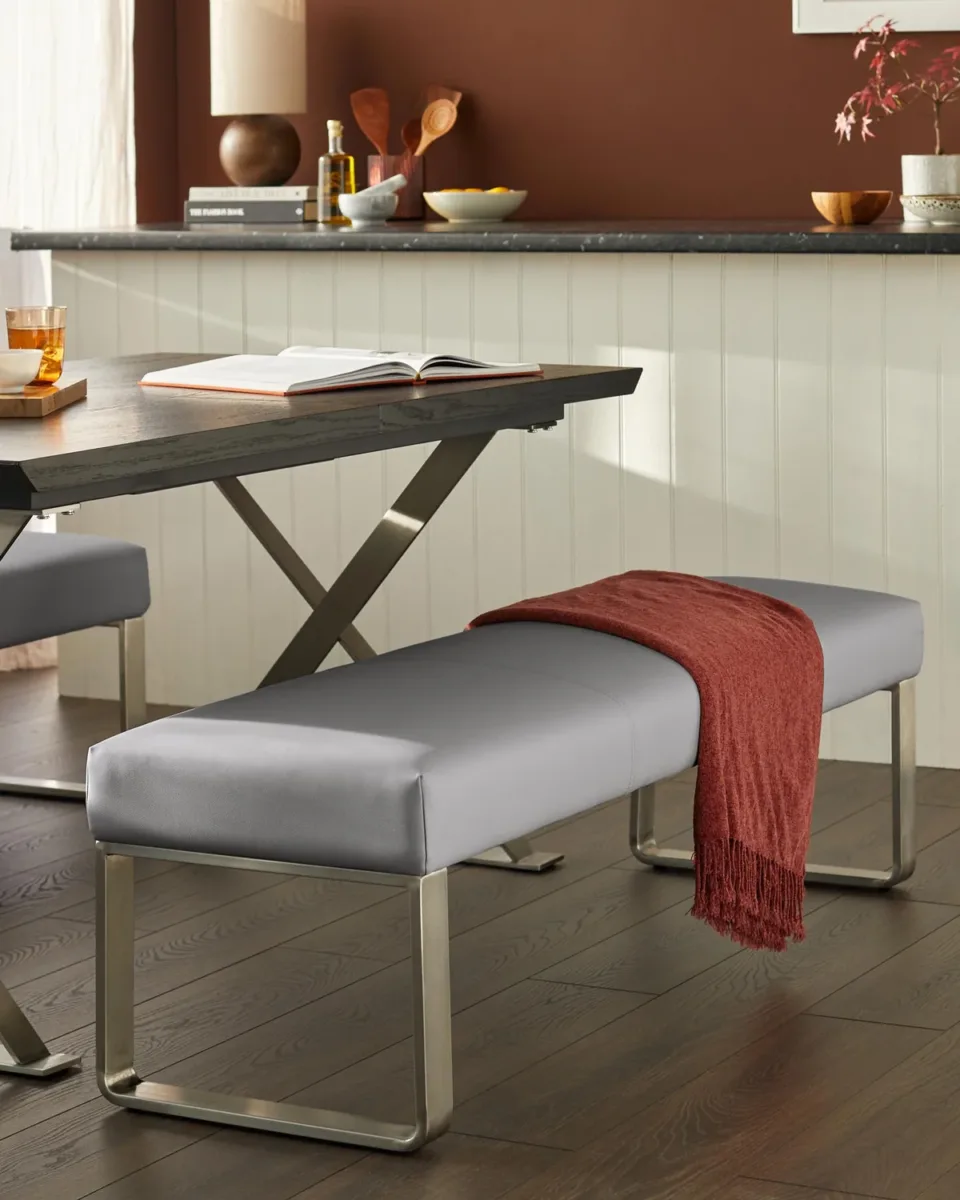 Loop 3 Seater Grey Faux Leather & Stainless Steel Bench Without Backrest - Image 2