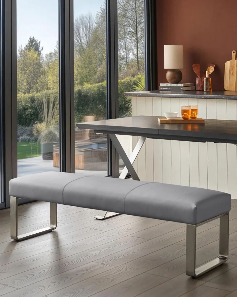 Loop 3 Seater Grey Faux Leather & Stainless Steel Bench Without Backrest