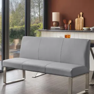 Loop 3 Seater Grey Faux Leather & Stainless Steel Dining Bench With Backrest