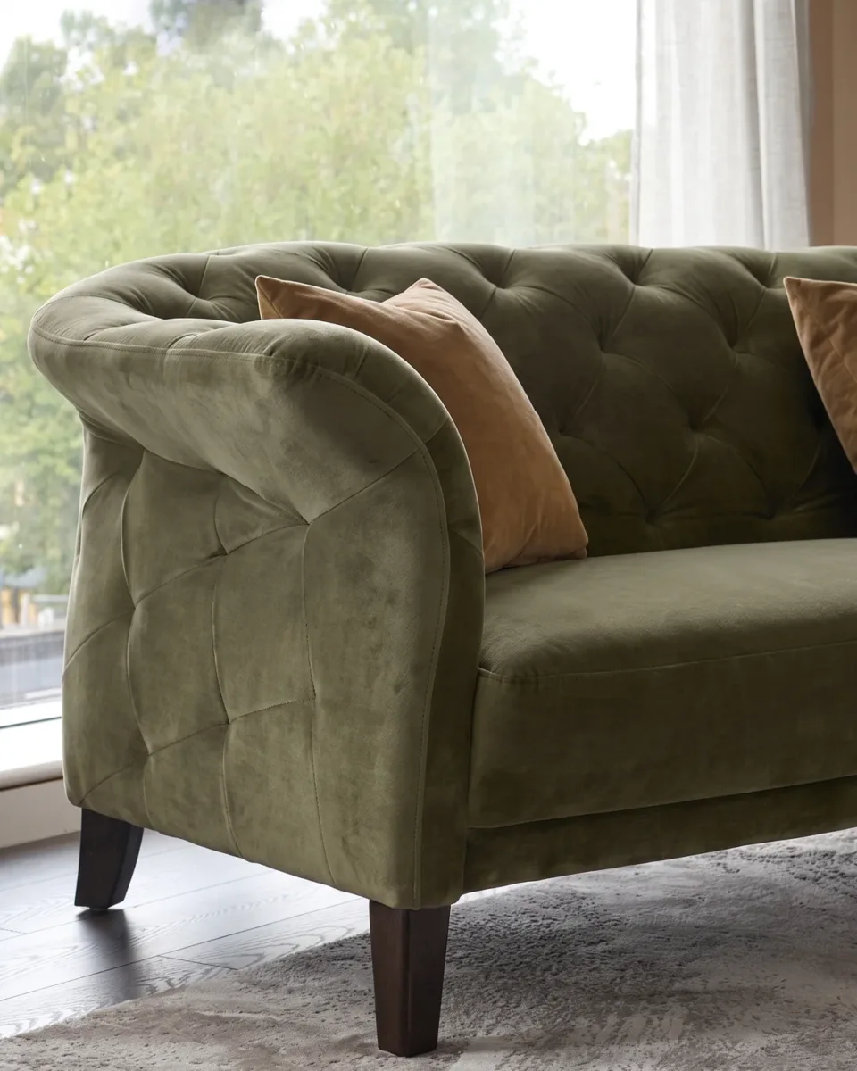 Luxe olive green velvet 3 seater sofa - Image 4