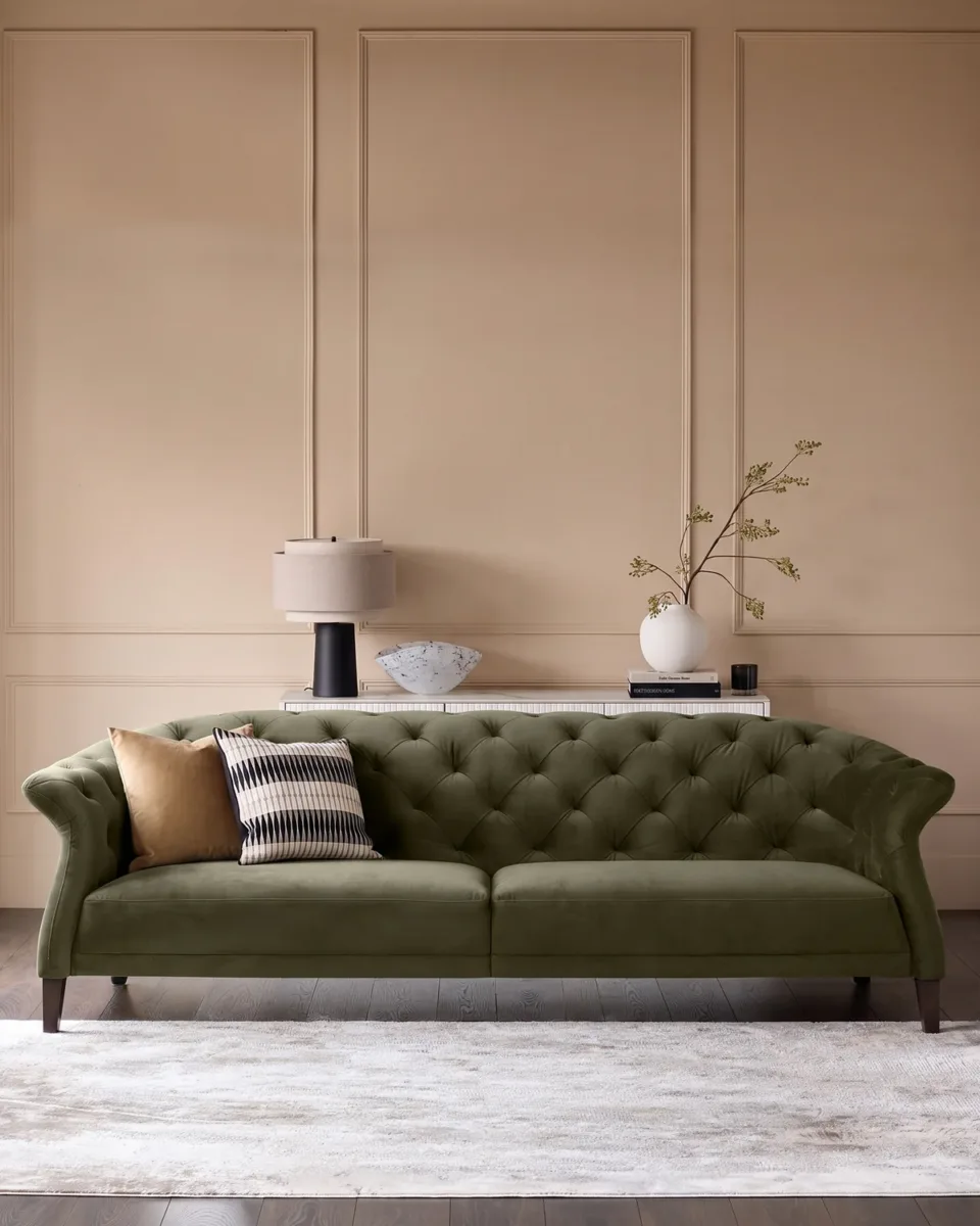 Luxe olive green velvet 3 seater sofa - Image 2