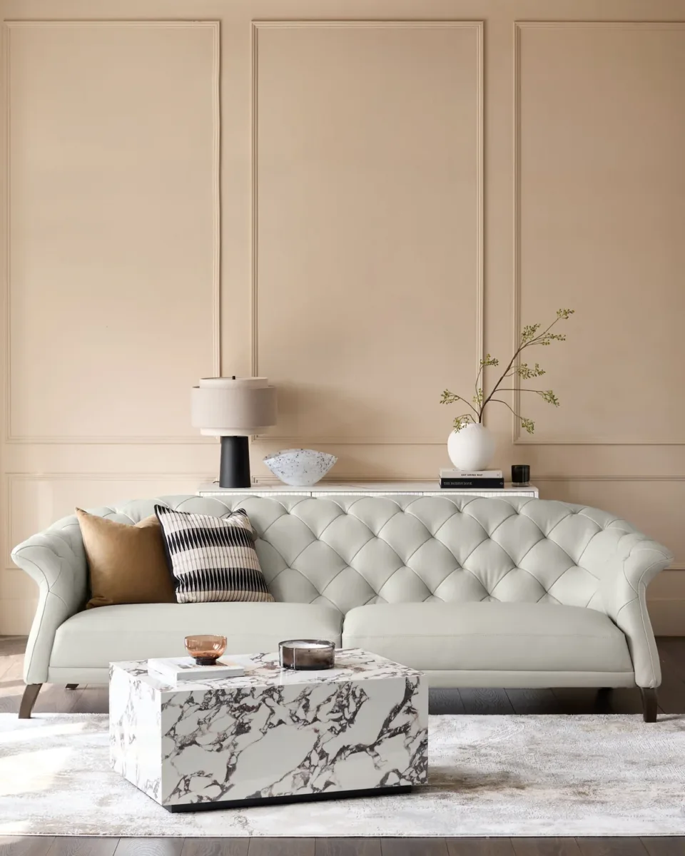 Luxe natural grey leather with dark wood 3 seater sofa - Image 2