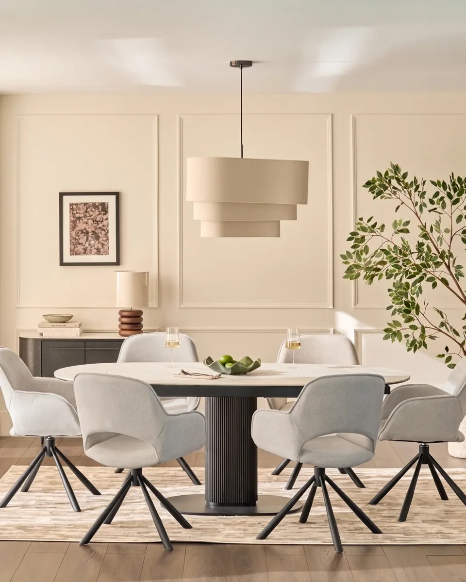 Marlow Swivel Black Metal Dining Chairs Light Grey Boucle - Image 2