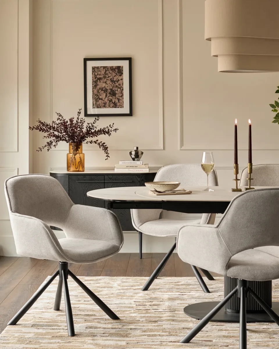 Marlow Swivel Black Metal Dining Chairs Light Grey Boucle - Image 4