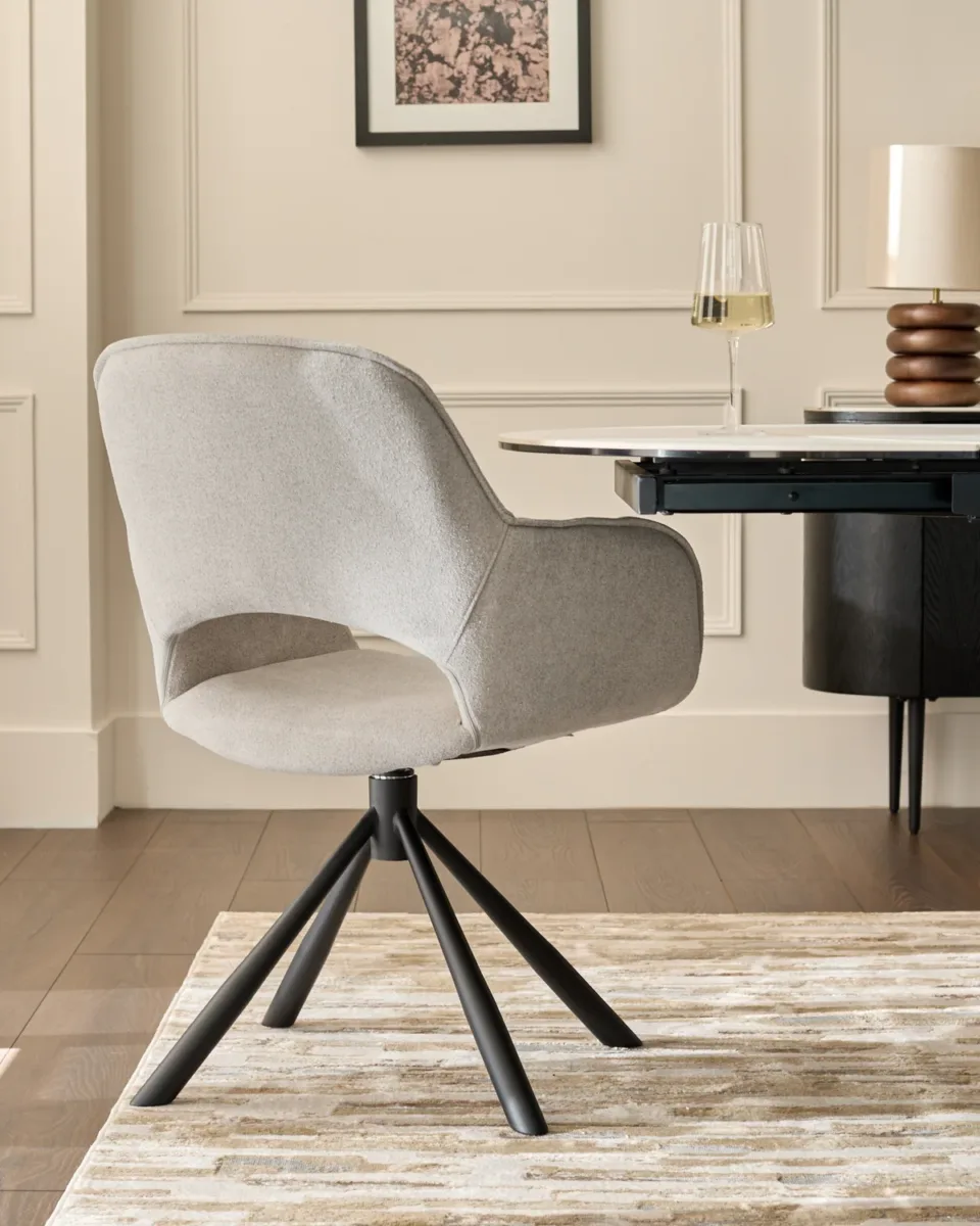 Marlow Swivel Black Metal Dining Chairs Light Grey Boucle - Image 3
