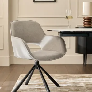 Marlow Swivel Black Metal Dining Chairs Light Grey Boucle