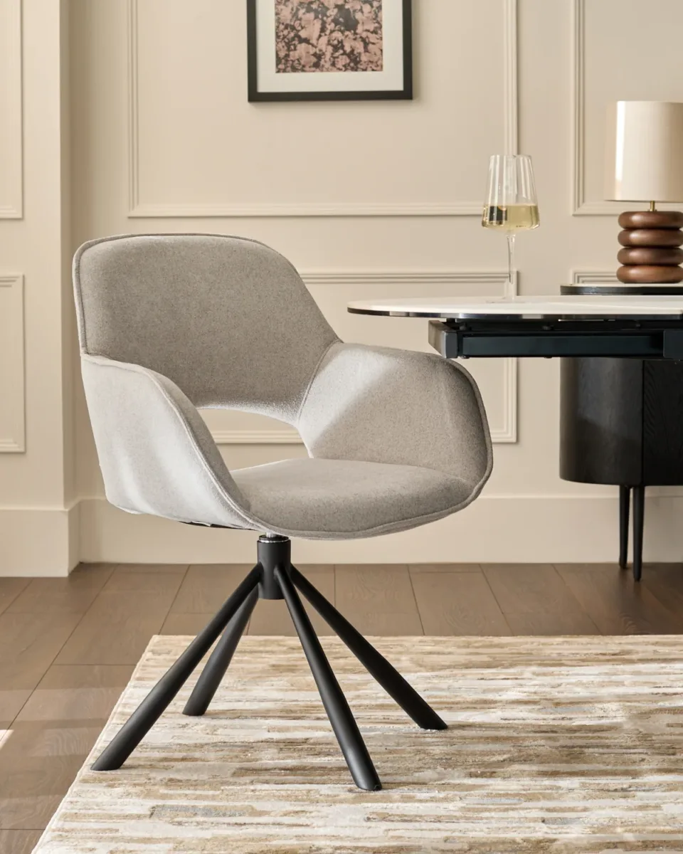 Marlow Swivel Black Metal Dining Chairs Light Grey Boucle