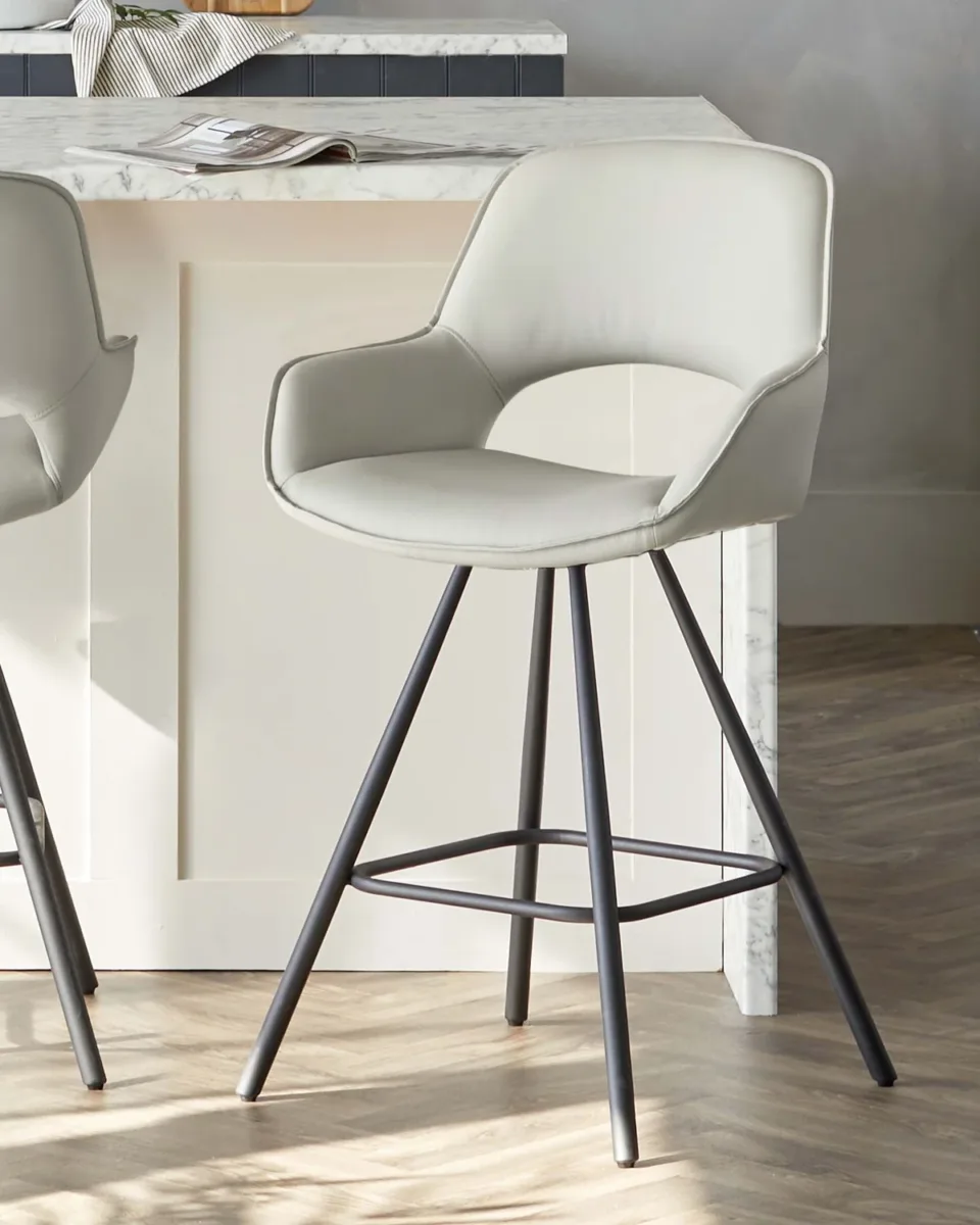 Marlow Light Grey Faux Leather And Black Metal Swivel Bar Stool