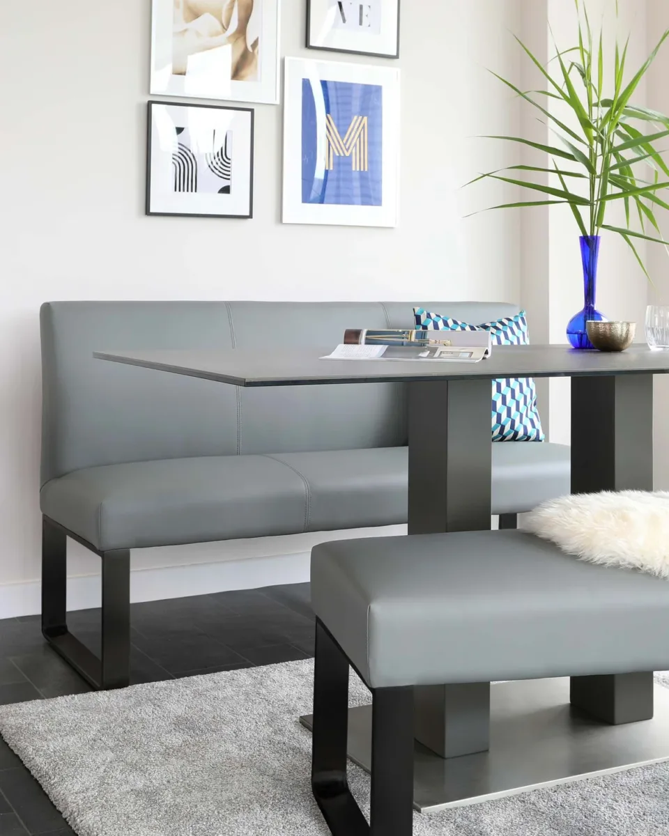 Loop Mid Grey Faux Leather & black leg 3 Seater Bench Without Backrest - Image 4