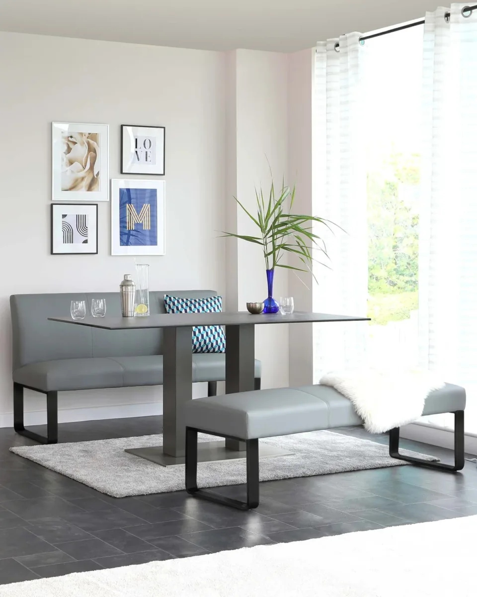 Loop Mid Grey Faux Leather & black leg 3 Seater Bench Without Backrest