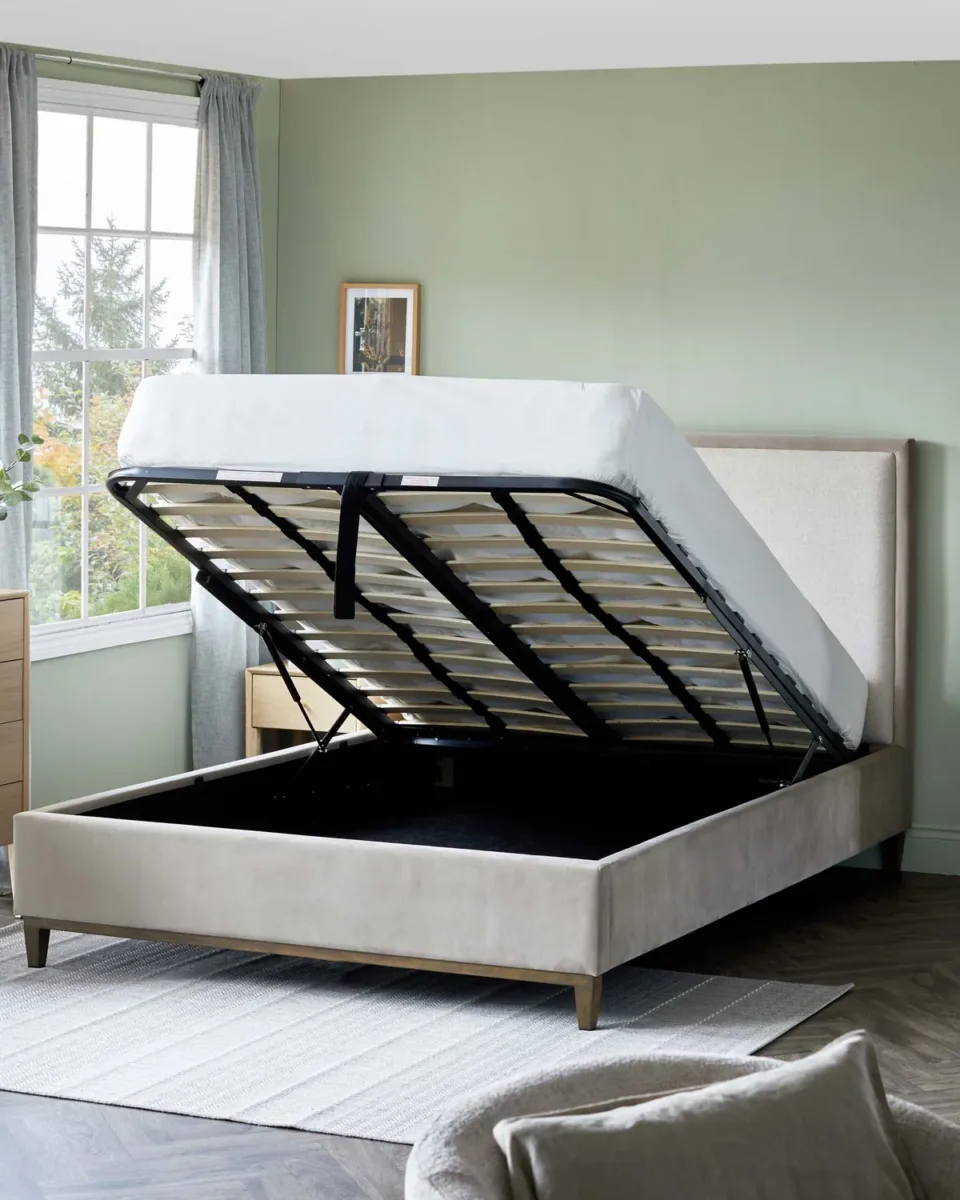 Monica champagne velvet and natural chenille super king ottoman storage bed - Image 3