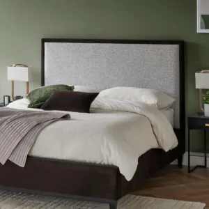 Monica grey fabric and dark chocolate velvet king size ottoman storage bed