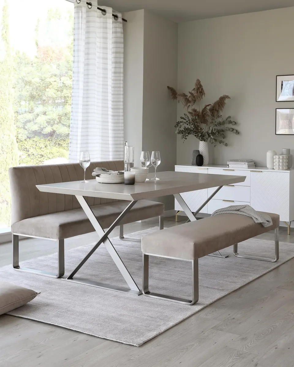 Ophelia 3 Seater Champagne Velvet & Stainless Steel Bench Without Backrest