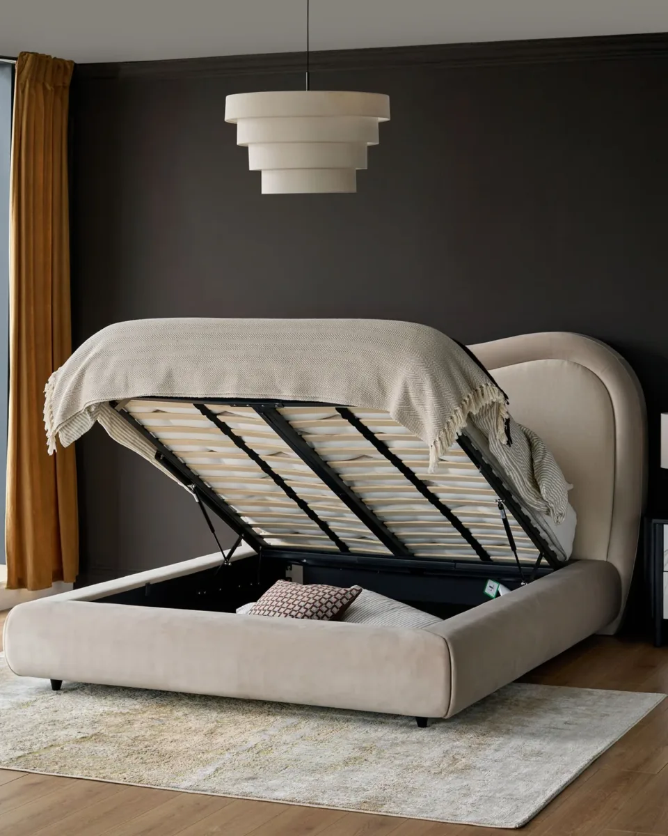 Naomi champagne velvet and natural chenille fabric king size ottoman storage bed - Image 2
