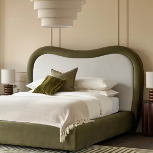 Naomi olive green velvet and natural dual tone fabric king size ottoman storage bed