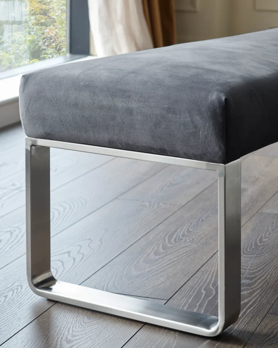 Ophelia 3 Seater Dark Grey Velvet Stainless Steel Bench Without Backrest - Image 3