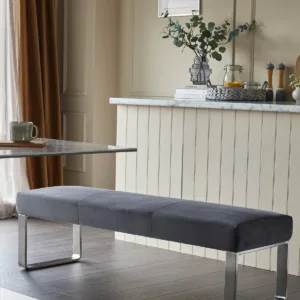 Ophelia 3 Seater Dark Grey Velvet Stainless Steel Bench Without Backrest