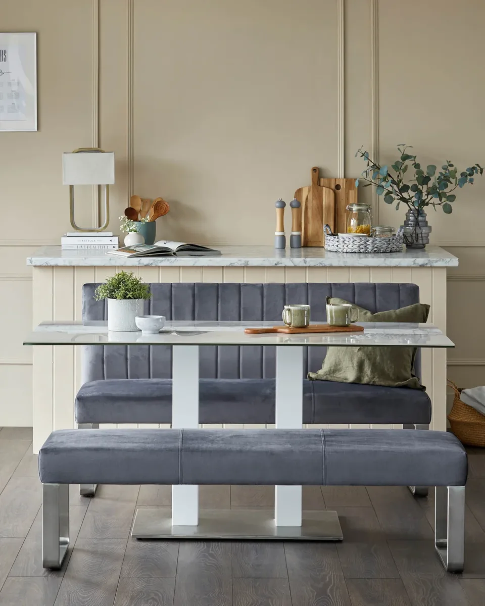 Ophelia 3 Seater Dark Grey Velvet Stainless Steel Bench Without Backrest - Image 2