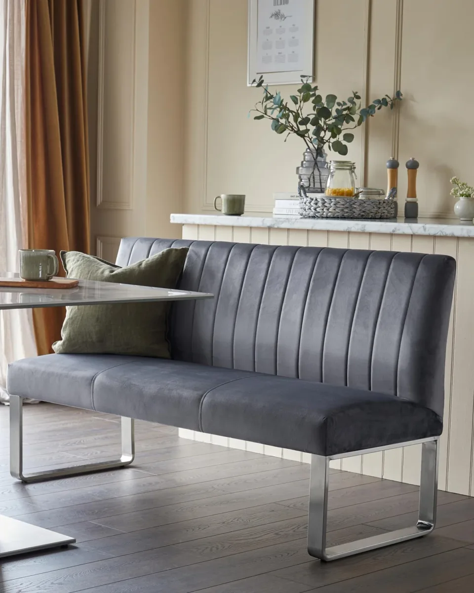 Ophelia dark grey velvet 3 seater dining bench with backrest