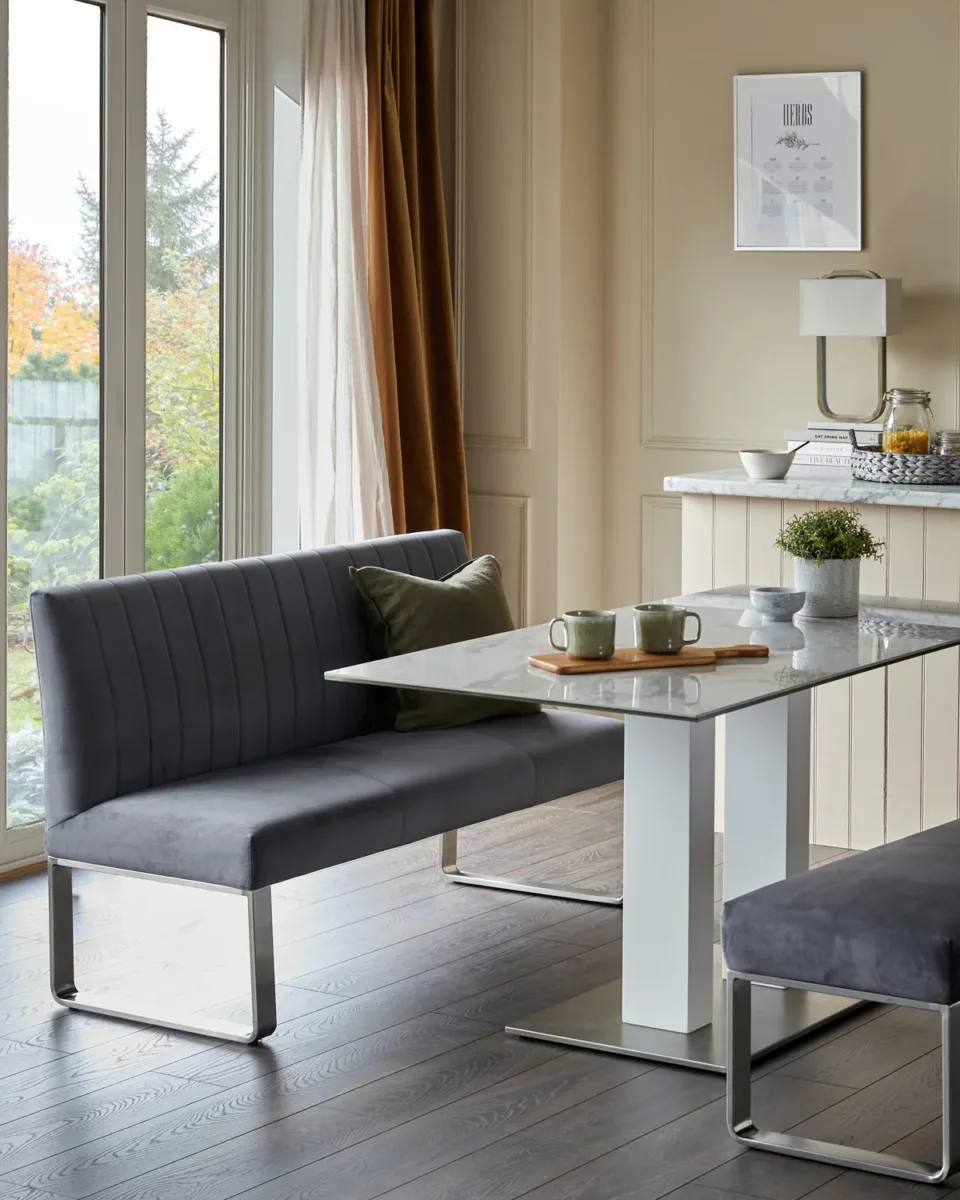 Ophelia dark grey velvet 3 seater dining bench with backrest - Image 2