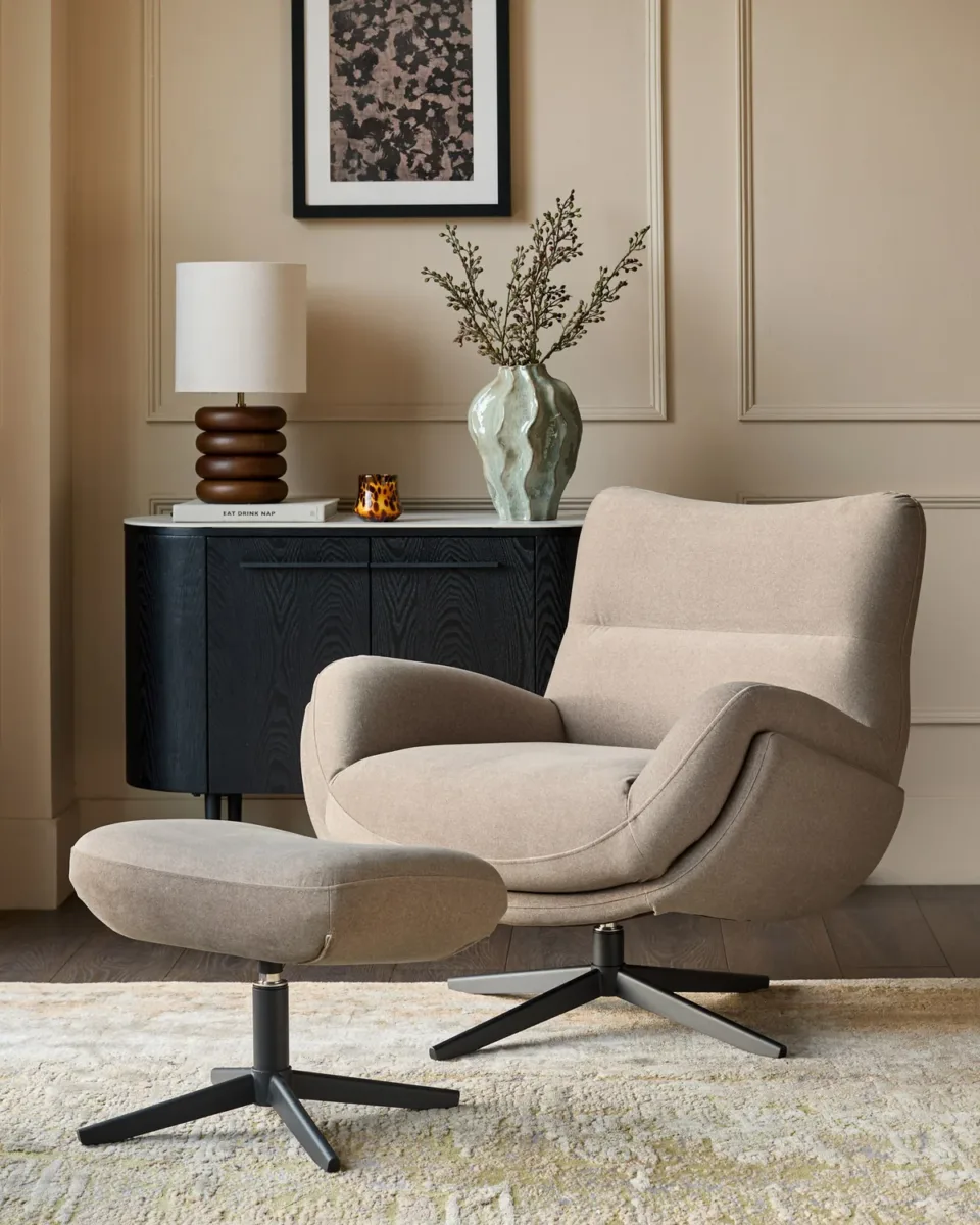 Piper mocha plush fabric occasional chair with footstool