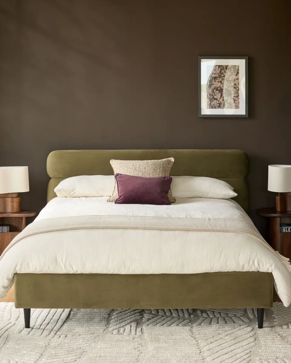 Preston olive green velvet double bed - Image 2