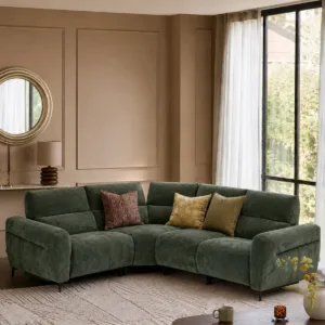 Rhys dark green chenille left hand facing small corner sofa