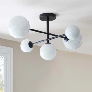 Riley Black Semi Flush Pendant Light with Marble Look Glass