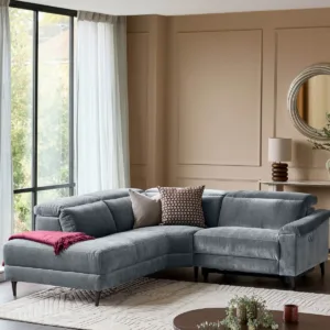 Serene blue grey fabric small left hand corner chaise recliner sofa