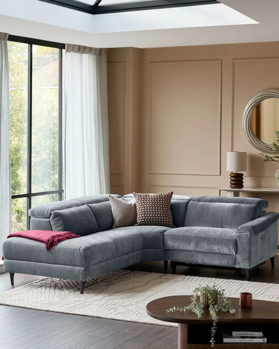 Serene blue grey fabric small left hand corner chaise recliner sofa