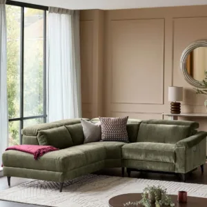 Serene dark green fabric small left hand corner chaise recliner sofa