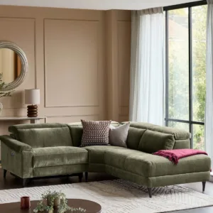 Serene dark green fabric small right hand corner chaise recliner sofa