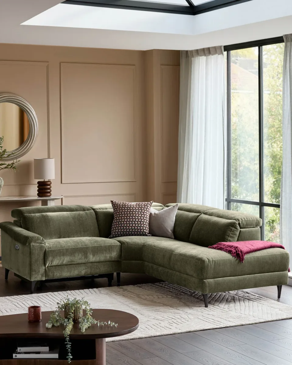 Serene dark green fabric small right hand corner chaise recliner sofa