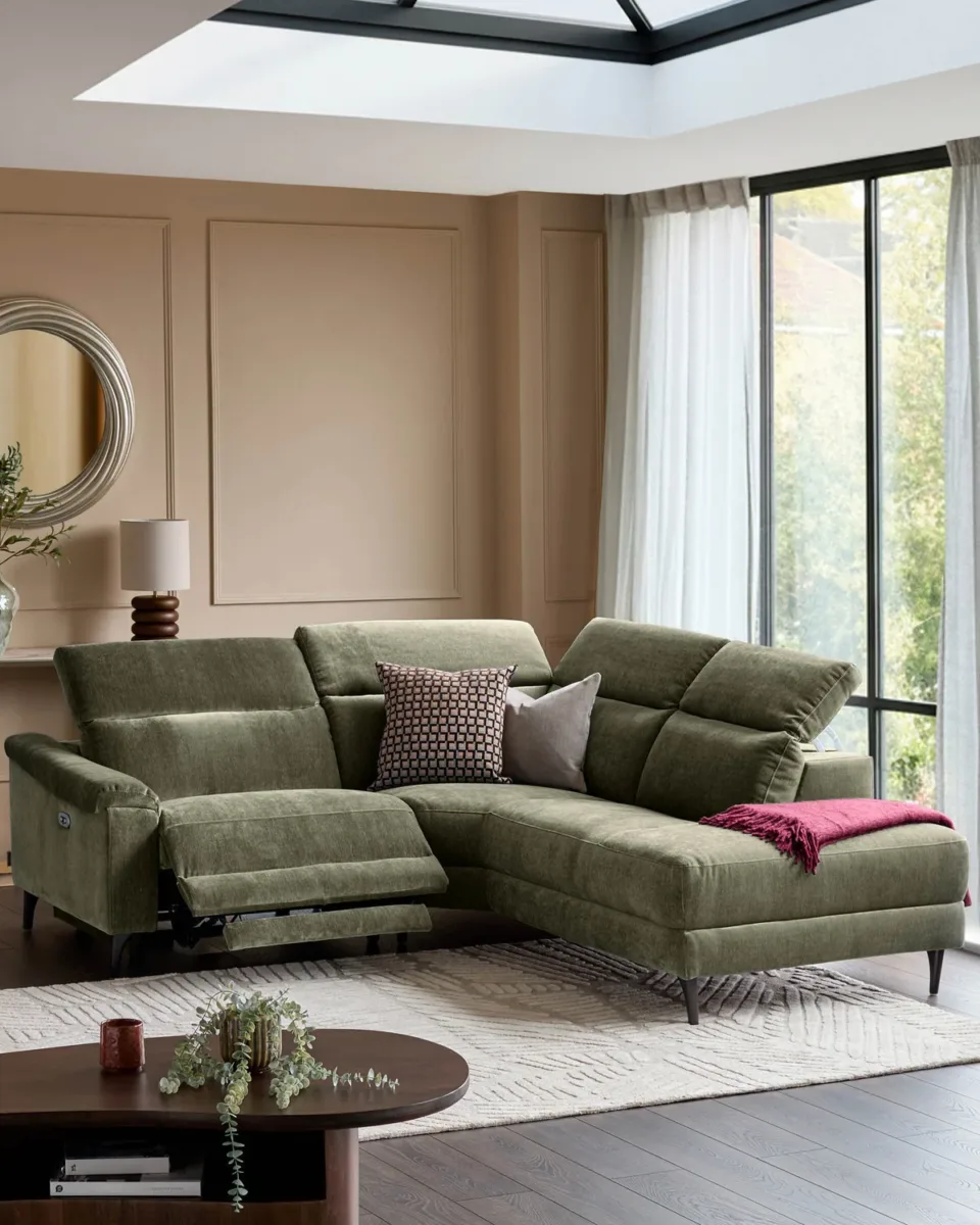 Serene dark green fabric small right hand corner chaise recliner sofa - Image 2
