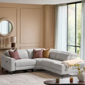 Serene light grey fabric small right hand corner chaise recliner sofa