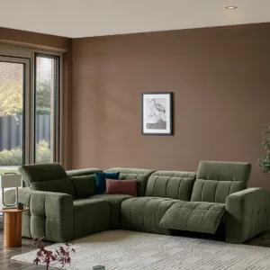 Skye dark green fabric small corner sofa