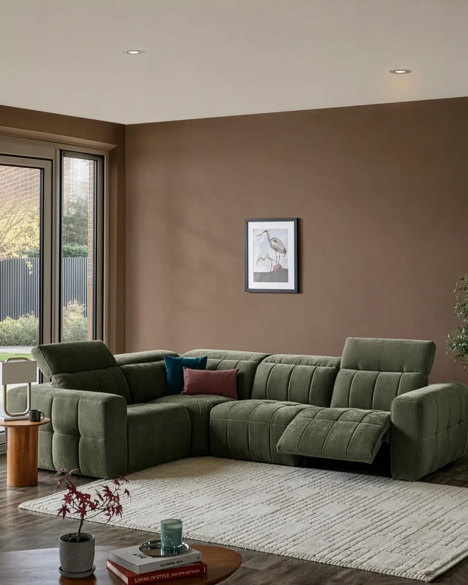Skye dark green fabric small corner sofa