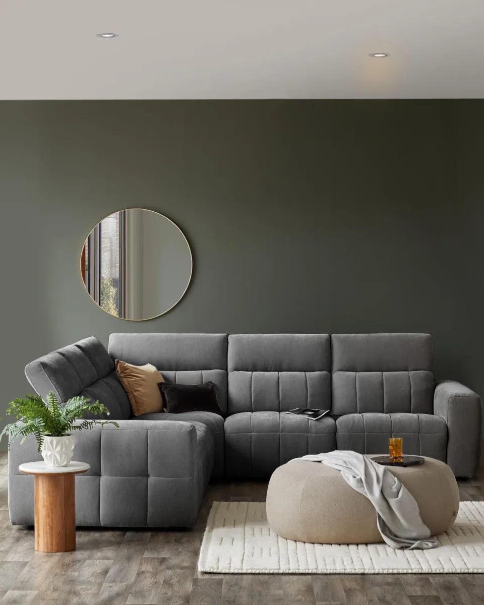 Skye dark grey fabric small corner recliner sofa - Image 2