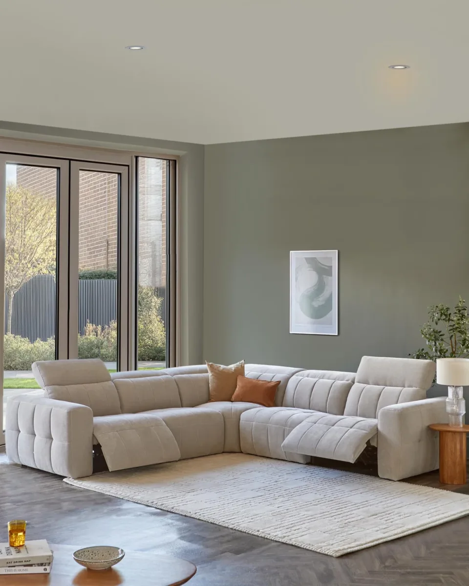 Skye light grey fabric large corner recliner sofa