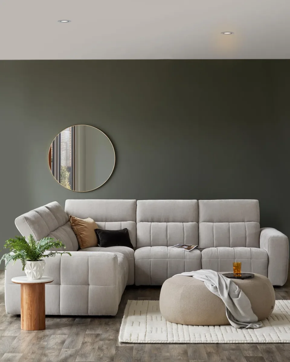 Skye light grey fabric small corner recliner sofa - Image 2