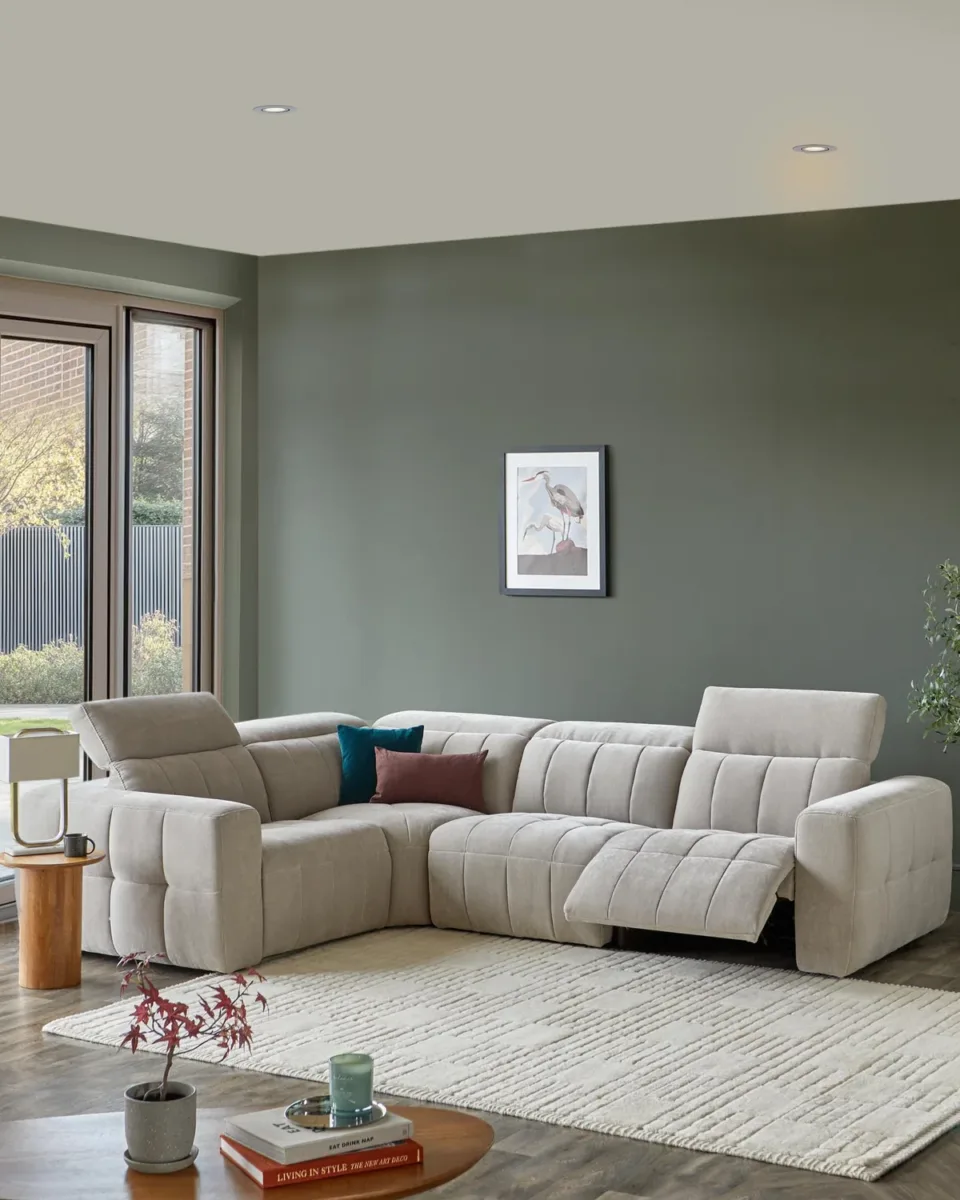 Skye light grey fabric small corner recliner sofa
