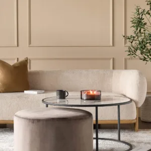 Thea natural ceramic coffee table and mocha velvet pouffe set