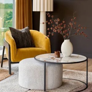 Thea natural ceramic coffee table and natural fabric pouffe set
